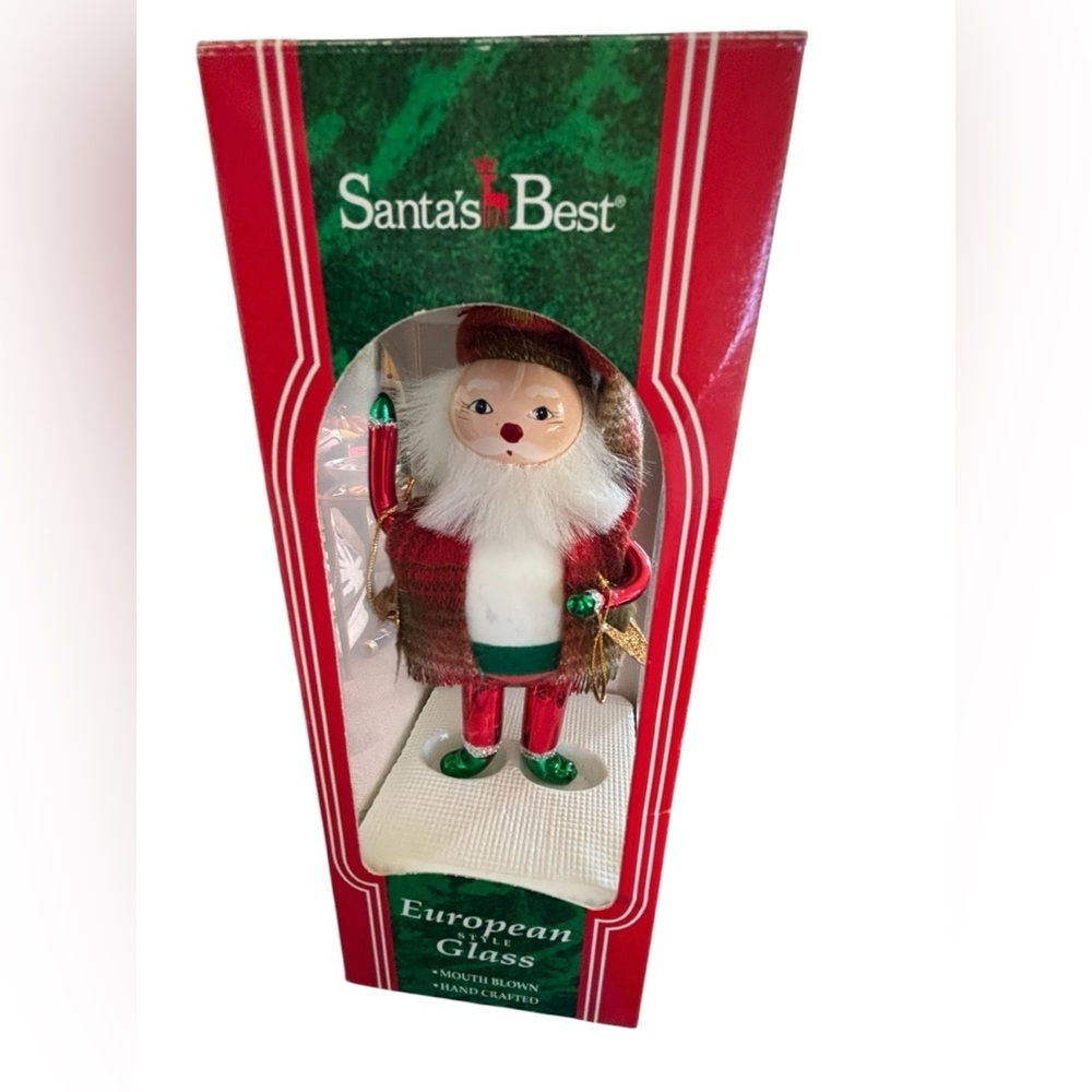 VTG Santa’s Best Santa Claus 7” Mouth Blown Glass Plaid Hat Jacket 1995